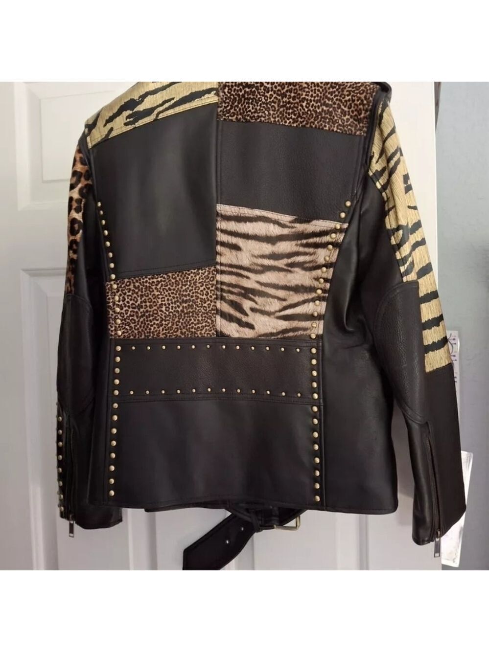 Michael Kors Leather Belt Jacket Chettah Animal Print Fur Studded Biker Jacket - Picture 2 of 16